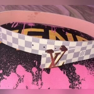 Louis Vitton Designer Checkered Belt with Gold Buckle